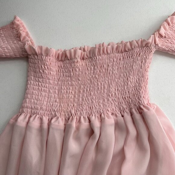 Shein Pink Off-Shoulder Smocked Mini Dress Lace Trim Sleeve Peasant Fairy Medium - Picture 7 of 11